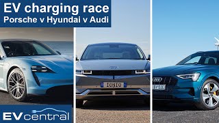 EV charging race Hyundai Ioniq 5 v Porsche Taycan 4S v Audi eTron 55 [upl. by Elamor81]