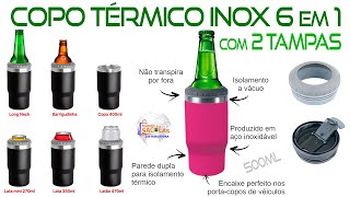 Copo Térmico Inox 6 em 1 com 2 Tampas 500ml Porta Latas e Garrafas [upl. by Adihsaar]