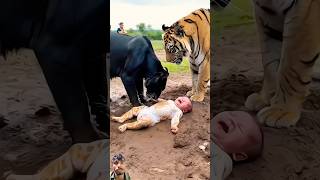 On the grass people found an abandoned baby However there was a leopard and tiger guarding it [upl. by Vonnie]