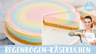 RegenbogenKäsekuchen ohne Backen 🌈  Rainbow Cheesecake mit Keksboden  Einfach Backen [upl. by Mendive]