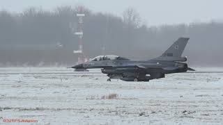 4K Netherlands AF F16s takeoffs in snow weather conditions at Leeuwarden AB EHLW [upl. by Dett]