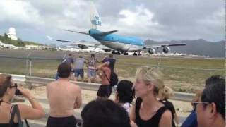 KLM 747 flight taking off Maho Beach 310112 [upl. by Nytsirc]