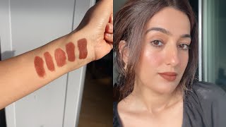 Best Brown Lipstick Swatches on Bare Skin NC 35 Medium Olive Skin tone Winter Lipsticks [upl. by Enawtna]