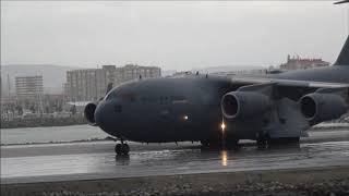 gibraltar Airport LXGB C17 taxi engine test and takeoff [upl. by Raseac321]