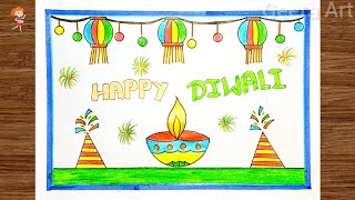 Diwali Drawing  Diwali Drawing Easy  Happy Diwali Drawing  Diwali Diya Drawing  Diwali Poster [upl. by Rubma]