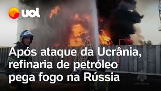 Refinaria de petróleo pega fogo na Rússia após ataques de drones da Ucrânia [upl. by Procora]