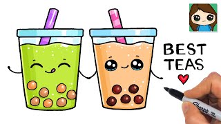 How to Draw Boba Tea Drinks Easy  Cute Pun Art [upl. by Llehsram713]