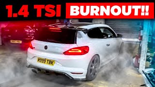 FWD BURNOUT in the BIG TURBO 14 TSI SCIROCCO 🚀 [upl. by Lahcar]