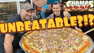 UNBEATABLE  CHAMPS INFAMOUS 36” TEAM PIZZA  MOLLY amp GEOFF VS the CHAMPS CHALLENGE  MOM VS FOOD [upl. by Evslin]