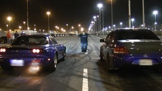 Nitrous LSx Mazda RX7 vs E85 Big Turbo EVO on slicks [upl. by Anahsirk]