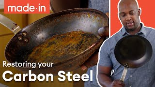 Rusty Carbon Steel Skillet Restoration  Made In Cookware [upl. by Sivrep]