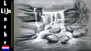 WATERVAL voor beginners Houtskool potlood tekening [upl. by Essilrahc250]