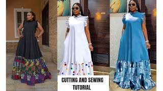 HOW TO CUT AND SEW A SHIFT MAXI DRESS WITH RUFFLES AT THE SLEEVE AND NECKLINE [upl. by Yawnoc943]