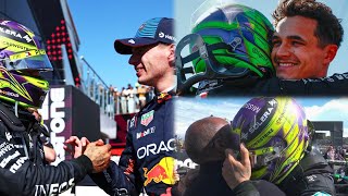 Max Verstappen Lando Norris amp more congratulate Lewis Hamilton on BritishGP win  Podium BTS [upl. by Ahsik]