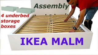 Ikea MALM Bed frame assembly with 4 storage boxes Whiteluröy [upl. by Barnet29]