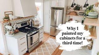 Paint Colors for a modern farmhouse kitchen and why Ive painted my cabinets three times in 4 years [upl. by Fu]