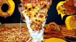 ASMR MUKBANG EXTRA CHEESY PIZZA CRISPY CHICKEN HASH BROWNS amp ONION RINGS  WITH RANCH  Magic Mikey [upl. by Yral]