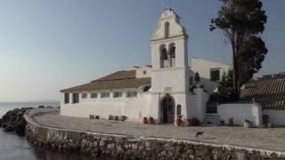 Pontikonissi Monastery of Mary of Vlachernes Kanoni Beach  Corfu Greece 4k [upl. by Pineda211]