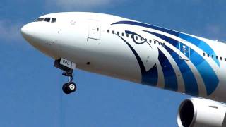 Egyptair Boeing 777300ER SUGDL landing at LHREGLL London  Heathrow RWY 27L [upl. by Ellenad]