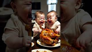 Two twin babies are fighting over a large roasted chicken [upl. by Cherey]