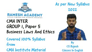 CMA Inter  Paper 5 Business Laws and Ethics In English by CS Rajesh  Indian Contract Act Basics [upl. by Asserac]