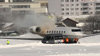 Scenic takeoff of an Gulfstream G650ER N313RG at Samedan Airport [upl. by Annawad]