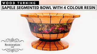 Woodturning  Sapele Segmented Bowl with Multi Coloured Resin  Restoration DIY [upl. by Rezal191]