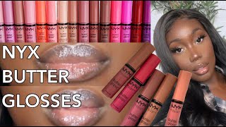 NYX BUTTER GLOSSES  MY FAVOURITE LIP GLOSSES FOR DARK SKIN\ MEDIUM SKIN TONES  Shaniece Tee [upl. by Nerraf565]