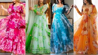 Indian Anarkali Dress DesignsPrinted Organza Maxi DressOrganza Frock Dress [upl. by Oribella]