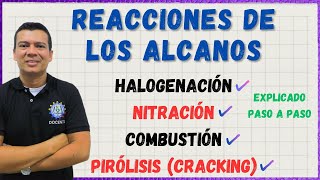 🏅REACCIONES DE LOS ALCANOS Halogenacion nitracion combustion y pirolisis o cracking [upl. by Eikceb]