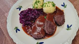 Germany 🇩🇪 how to make Sauerbraten with Potato Dumplings and Red Cabbage [upl. by Ahsropal305]