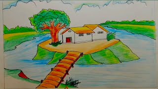 pencil drawing scenery  scenery drawing with pencil colour  landscape drawing easy  tree house [upl. by Rosenberger]