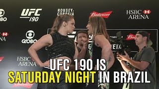 Bethe Correia talks trash to Ronda Rousey at UFC 190 media event [upl. by Lynette859]