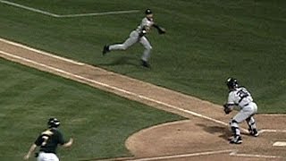 Derek Jeter makes quotThe Flipquot to nab Giambi at the plate in the 2001 ALDS [upl. by Ihsakat]