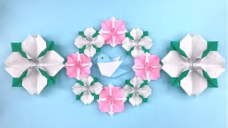 【折り紙】 ハナミズキの花のリース 折り方 Origami Flower Dogwood wreath tutorial（NiceNo1） [upl. by Nesila]