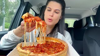 CHICAGO STYLE DEEP DISH PEPPERONI PIZZA  CAR MUKBANG  ASMR  EATING SOUNDS [upl. by Heintz]