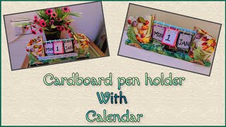 DIYPen Holder Organizer with Calendar  Cardboard desk calendar  Penholder with waste materials [upl. by Mencher411]