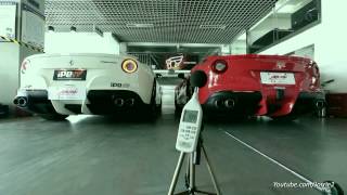 Rev Battle Ferrari F12berlinetta  Stock Exhaust vs iPE Innotech Performance Exhaust  1080p HD [upl. by Selokcin]