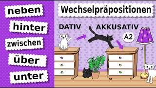 🐱Wechselpräpositionen 2 🐱 zwischen über neben hinter unter  Dativ amp Akkusativ  Katzenamp Möbel A2 B1 [upl. by Eibber]