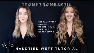 HANDTIED WEFT EXTENSION TUTORIAL  BLONDE TO BRONDE  HOW TO BLEND HAIR EXTENSIONS [upl. by Spear]