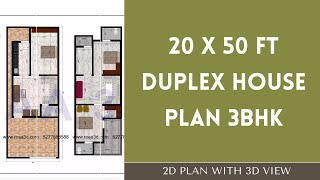 20 x 50 Duplex 3BHK House Plan  2050 house plan  20X50 Duplex House Plan with 3D [upl. by Vanna]