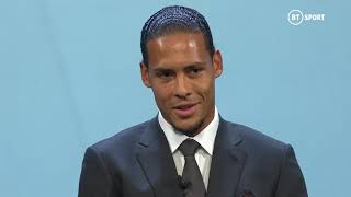 Virgil van Dijk accepts the UEFA Mens Player of the Season award for 201819 [upl. by Polky]