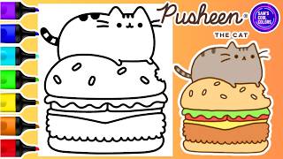 Coloring Pusheen Cat GIANT Cheeseburger Coloring Book Page  Art Markers [upl. by Dahaf]