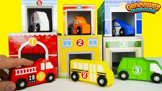 Learn Community Vehicle Names with Stacking Toy Car Garages [upl. by Aseuqram786]