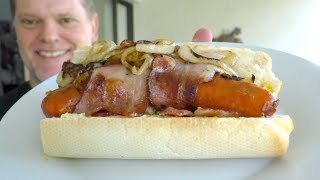 Cheese Stuffed Bacon Wrapped Kransky Hot Dog on the BBQ  How to Cook [upl. by Coe]