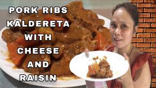 PORK RIBS CALDERETA WITH CHEESE AND RAISiN  KALDERETANG BABOY [upl. by Ahsratal]