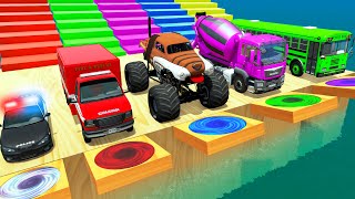 Monster Trucks Potholes Flatbed Long Trailer Truck Car Rescue  Cars vs Deep Water [upl. by Brennan]