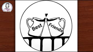 Friendship day drawing easy  Best Friends drawing on cup  pencil sketch  Heart shape cup drawing [upl. by Onitnevuj]