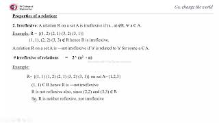 DMS unit 3 Lecture2 Properties of relations Reflexive Irreflexive Symmetric Asymmetric [upl. by Nadroj769]