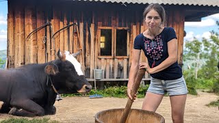 Hard hand work in a mountain village on cows farm Making 3 types of cheese one day [upl. by Cecilia]